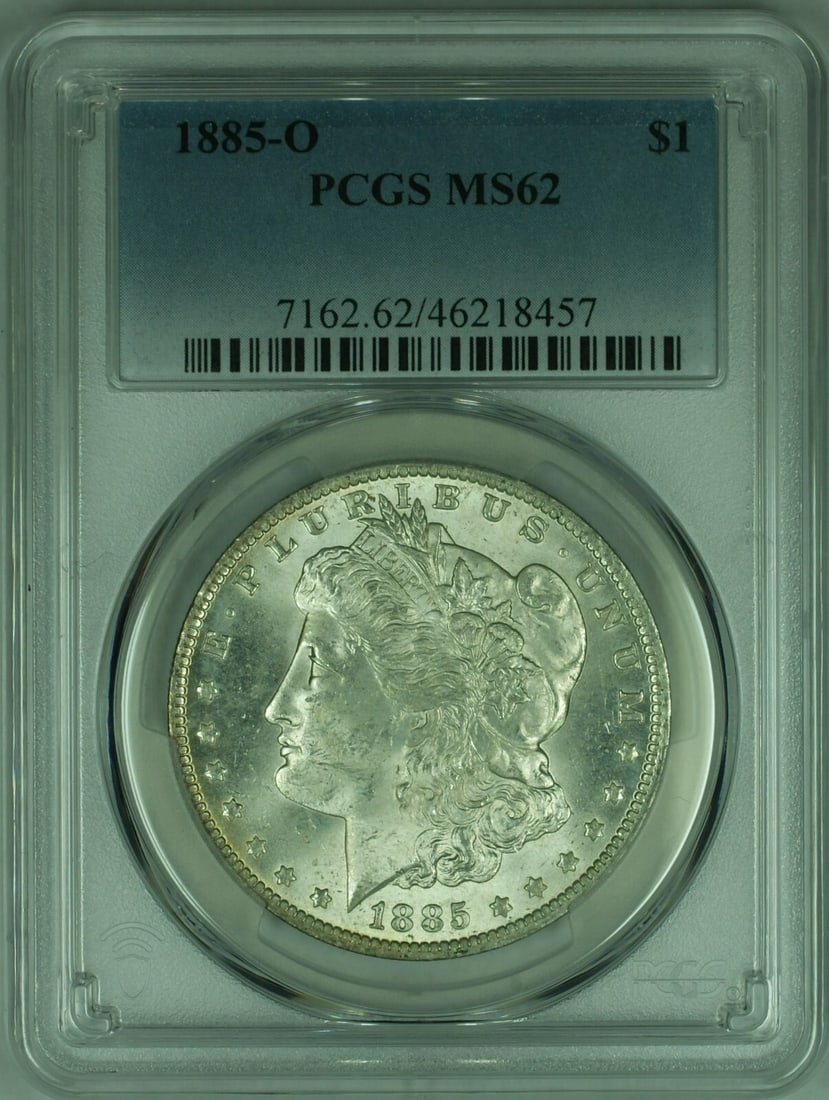 PCGS MS-62 1885-O Morgan Dollar New Orleans Silver Coin: PCGS MS-62 1885-O Morgan Dollar New Orleans Silver Coin This 1885-O Morgan Silver Dollar is certified by PCGS with a grade of MS-62. Minted in New Orleans in 1885, the coin is composed of 90% silver a