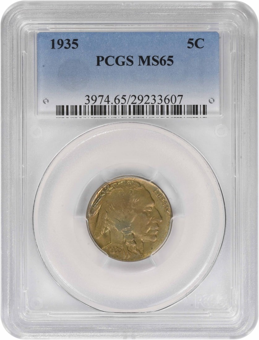 1935 Buffalo Five Cent Uncirculated Coin Graded MS65 by PCGS: 1935 Buffalo Five Cent Uncirculated Coin Graded MS65 by PCGS This 1935 Buffalo Nickel is graded MS65 by PCGS and features a classic design minted in the United States. The coin is uncirculated and com