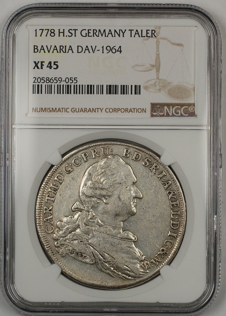 1778 Silver Taler from Bavaria Germany NGC XF 45 DAV-1964: 1778 Silver Taler from Bavaria Germany NGC XF 45 DAV-1964 This 1778 H.ST Bavaria silver Taler coin from Germany is graded XF 45 by NGC and is composed of silver. It is a circulated coin from the perio