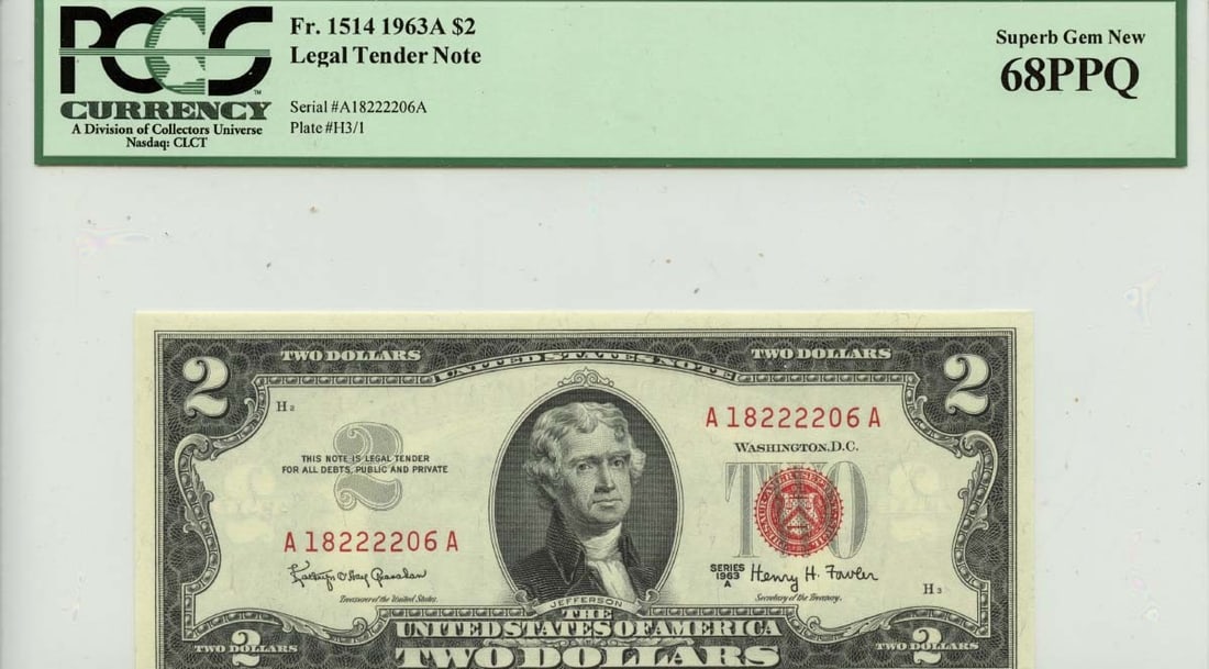 1963A $2 Legal Tender Note FR#1514 PCGS MS68 Uncirculated: 1963A $2 Legal Tender Note FR#1514 PCGS MS68 Uncirculated This 1963 $2 Legal Tender Note, designated as FR#1514, boasts a remarkable grade of MS68 from PCGS Currency, ensuring its status as an uncircu