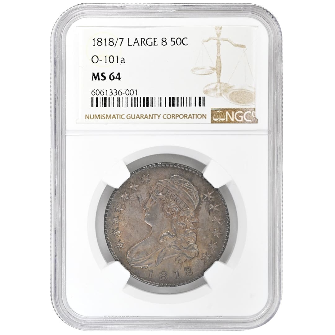 NGC MS64 1818 Over 7 Capped Bust Half Dollar Large 8 Silver Coin: NGC MS64 1818 Over 7 Capped Bust Half Dollar Large 8 Silver Coin This is an 1818/7 Capped Bust Half Dollar, a rare overdate variety with a Large 8, certified by NGC as MS64. Struck at the Philadelphia