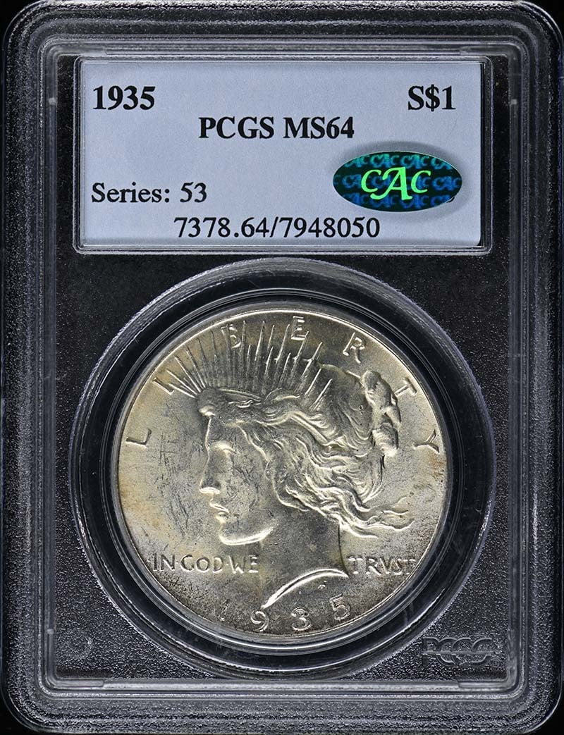 1935 $1 Peace Dollar PCGS MS64 CAC Certified Uncirculated: 1935 $1 Peace Dollar PCGS MS64 CAC Certified Uncirculated This 1935 Peace Dollar is a stunning piece of numismatic history, graded MS64 by PCGS and includes a CAC designation for its quality. It was m