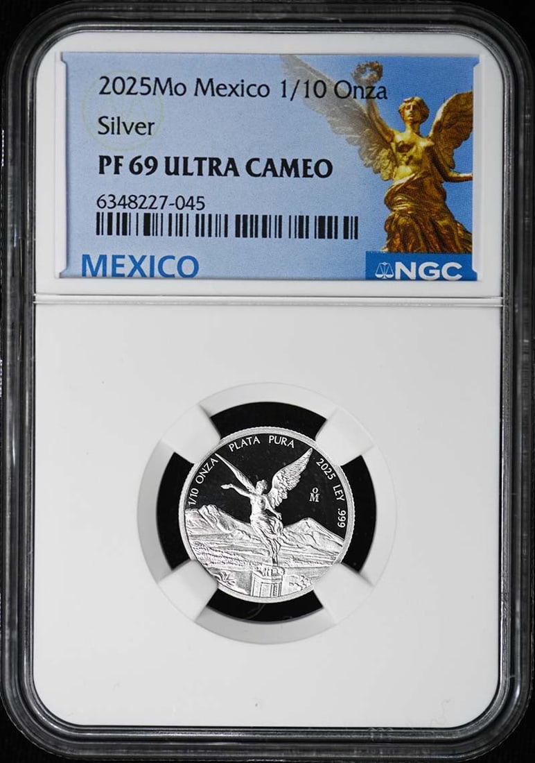 2025 NGC PF69UC Mexico 1/10 Onza Libertad Silver Coin Limited to 1500: 2025 NGC PF69UC Mexico 1/10 Onza Libertad Silver Coin Limited to 1500 This 2025 Mo Mexico 1/10 Onza Libertad silver coin is certified by NGC with a grade of PF69 Ultra Cameo. Featuring a low mintage o