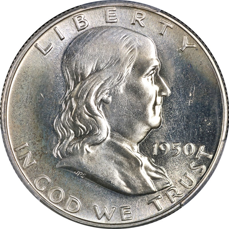 1950 Silver Franklin Half Dollar Proof PCGS Certified PR67: 1950 Silver Franklin Half Dollar Proof PCGS Certified PR67 This stunning 1950 Franklin Half Dollar Proof exhibits exceptional eye appeal, characterized by its fantastic luster and strong strike. The c