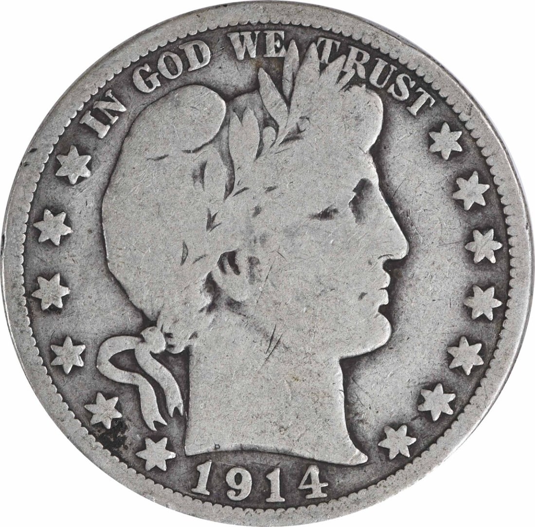 1914 Barber Silver Half Dollar 50C by Charles E Barber Uncertified: 1914 Barber Silver Half Dollar 50C by Charles E Barber Uncertified This 1914 Barber Silver Half Dollar is a classic collectible coin featuring the iconic design by Charles E. Barber. It is a circulate