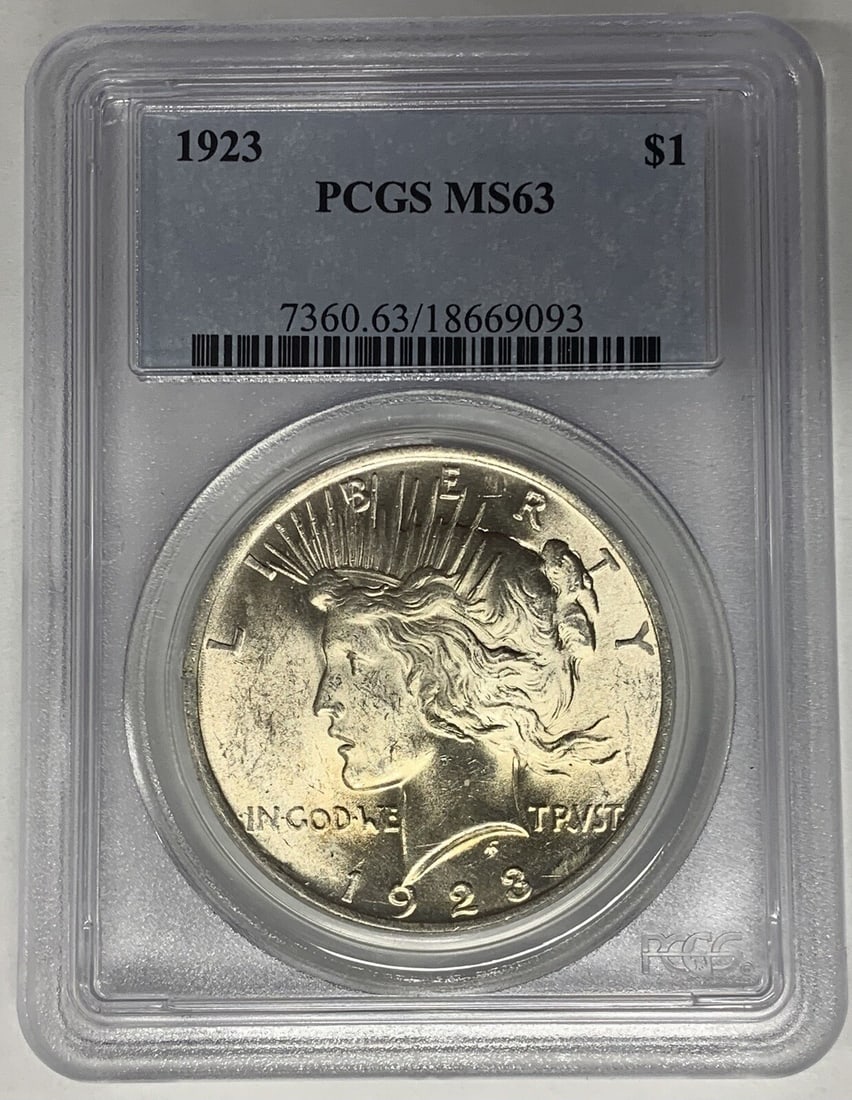 PCGS MS 63 1923 Silver Peace Dollar Uncirculated $1 Coin: PCGS MS 63 1923 Silver Peace Dollar Uncirculated $1 Coin This is a 1923 Peace Silver Dollar coin from the United States, composed of silver and graded MS 63 by PCGS. It is an uncirculated coin and com
