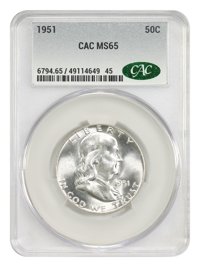 1951 Franklin Half Dollar MS65 CACG Certified Uncirculated: 1951 Franklin Half Dollar MS65 CACG Certified Uncirculated This 1951 Franklin Half Dollar is certified by CACG with a grade of MS65, indicating an uncirculated coin in excellent condition. Minted in P