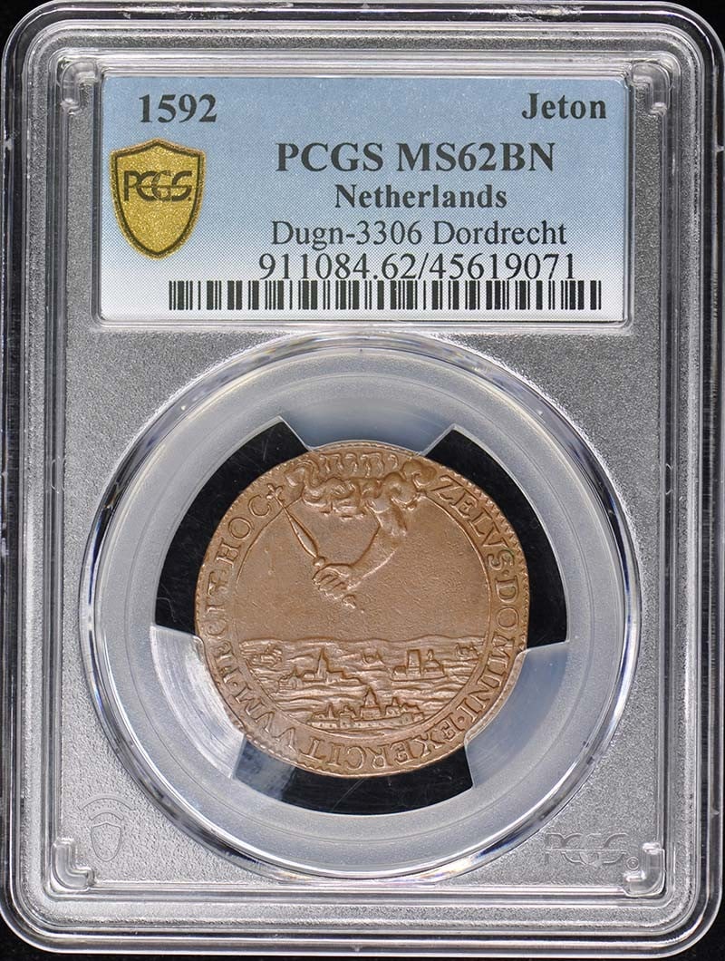 Dordrecht 1592 PCGS MS62BN Netherlands Jeton Certified Coin: Dordrecht 1592 PCGS MS62BN Netherlands Jeton Certified Coin This is a 1592 Netherlands jeton from Dordrecht, certified by PCGS with a grade of MS62 Brown (MS62BN). The coin is uncirculated and origina