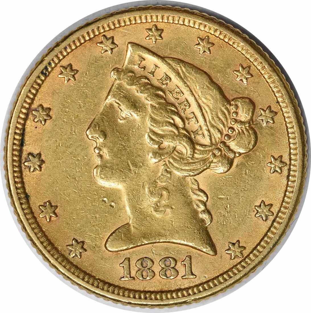 1881 $5 Gold Liberty Head Coin Christian Gobrecht Design AU Uncertified: 1881 $5 Gold Liberty Head Coin Christian Gobrecht Design AU Uncertified This 1881 $5 Gold Liberty Head coin, designed by Christian Gobrecht, features a stunning AU grade and is part of the historic pr
