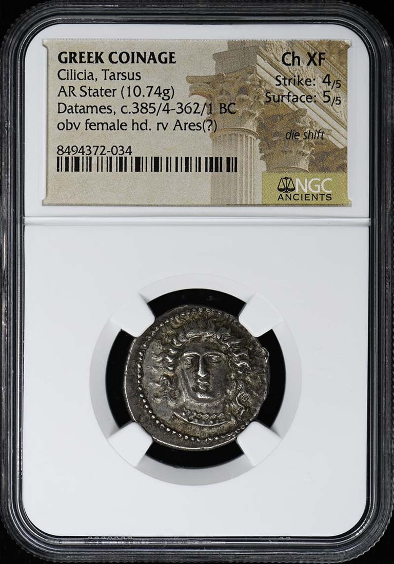 AR Stater from Tarsus Cilicia 10.74g NGC Certified Choice XF: AR Stater from Tarsus Cilicia 10.74g NGC Certified Choice XF This is a Cilicia, Tarsus AR Stater weighing 10.74 grams. The coin has been certified by NGC with a Choice Extremely Fine (Ch XF) grade, in