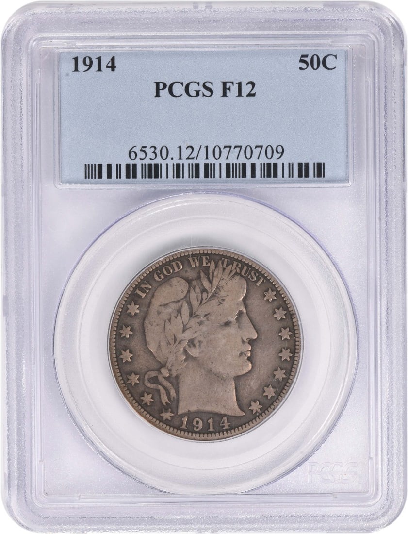 1914 Barber Half Dollar 50C PCGS Certified Silver Coin F12 Grade: 1914 Barber Half Dollar 50C PCGS Certified Silver Coin F12 Grade This 1914 Barber Half Dollar was minted in Philadelphia and is graded F12 by PCGS. Composed of 90% silver and 10% copper, this circulat