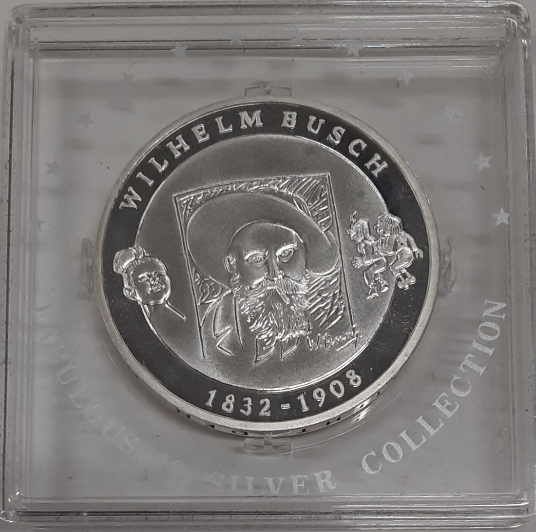 Wilhelm Busch 175th Anniversary 2007-D 10 Euro German Sterling Silver Coin: Wilhelm Busch 175th Anniversary 2007-D 10 Euro German Sterling Silver Coin This 2007-D Germany 10 Euro sterling silver coin commemorates the 175th anniversary of the birth of Wilhelm Busch. The coin i