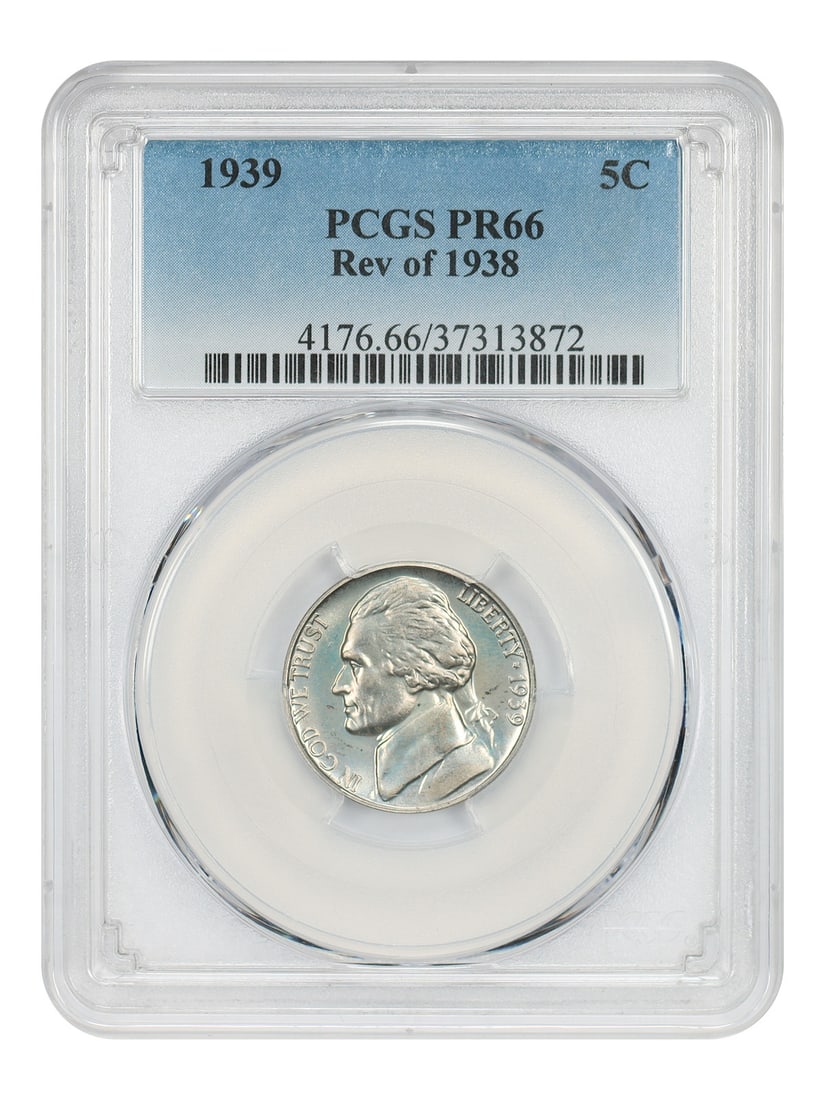 1939 Jefferson Nickel Proof PR66 PCGS Reverse Type of 1938: 1939 Jefferson Nickel Proof PR66 PCGS Reverse Type of 1938 This is a 1939 Jefferson Nickel featuring the Reverse of 1938. Graded PR66 by PCGS, this uncirculated coin originates from the Philadelphia M
