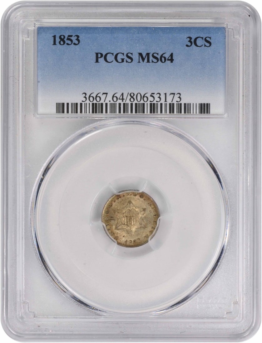 1853 Three Cent Silver Coin MS64 PCGS Uncirculated: 1853 Three Cent Silver Coin MS64 PCGS Uncirculated This exquisite 1853 Three Cent Silver coin, graded MS64 by PCGS, exemplifies remarkable craftsmanship and historical significance. Originating from t