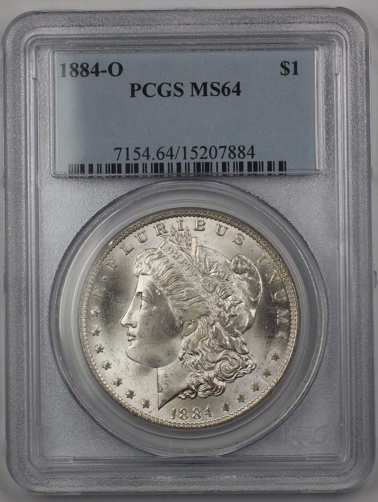 PCGS MS64 1884-O Morgan Silver Dollar from New Orleans Mint: PCGS MS64 1884-O Morgan Silver Dollar from New Orleans Mint This 1884-O US Morgan Silver Dollar is an uncirculated coin graded MS-64 by PCGS. Minted in New Orleans, it is composed of silver and remain