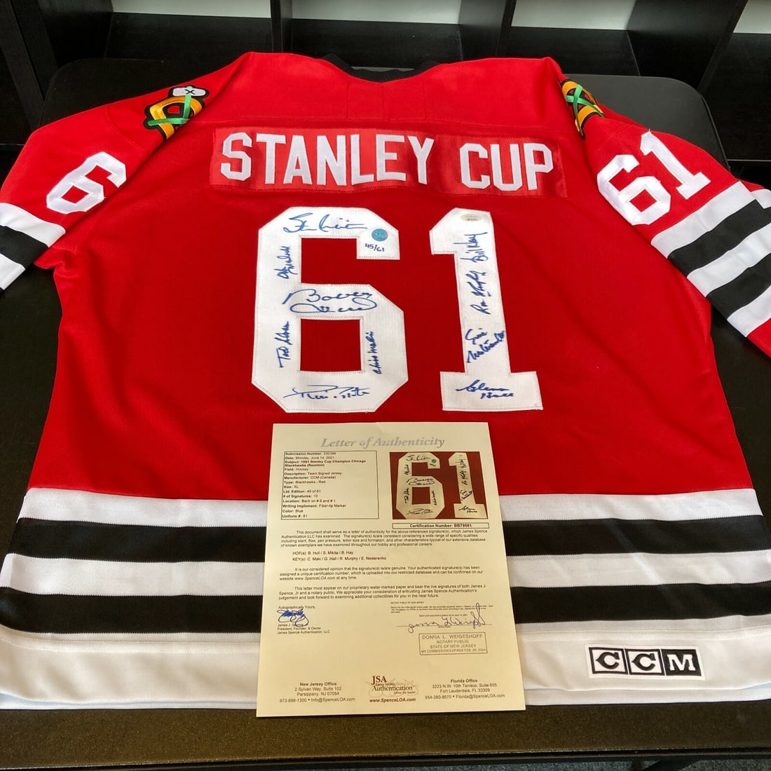 1961 Chicago Blackhawks Signed Jersey Limited Edition JSA COA: 1961 Chicago Blackhawks Signed Jersey Limited Edition JSA COA Celebrate the rich history of hockey with this original Chicago Blackhawks jersey, a true collector's item commemorating their 1961 Stanle