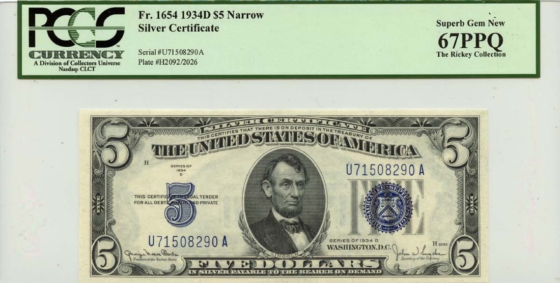 1934D $5 Silver Certificate Narrow Fr# 1654 PCGS Gem 67PPQ: 1934D $5 Silver Certificate Narrow Fr# 1654 PCGS Gem 67PPQ This 1934D $5 Silver Certificate, designated as Type 1654, is a stunning example of currency from the United States. It has been certified by