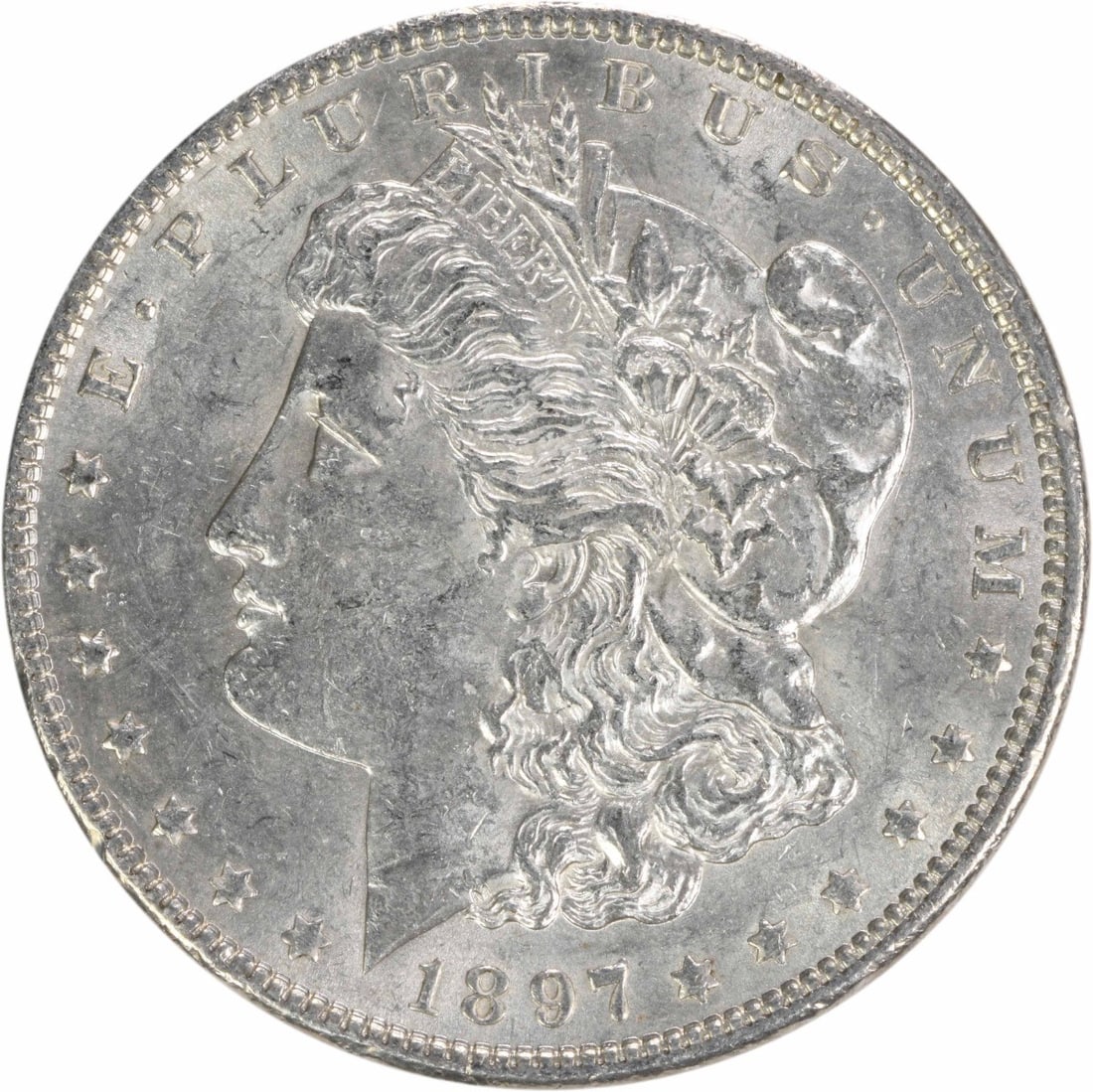 1897 Morgan Silver Dollar AU 90% Silver Philadelphia Coin: 1897 Morgan Silver Dollar AU 90% Silver Philadelphia Coin This 1897 Morgan Silver Dollar is a beautiful example of classic American coinage. Struck in 90% silver and 10% copper, this coin features stu