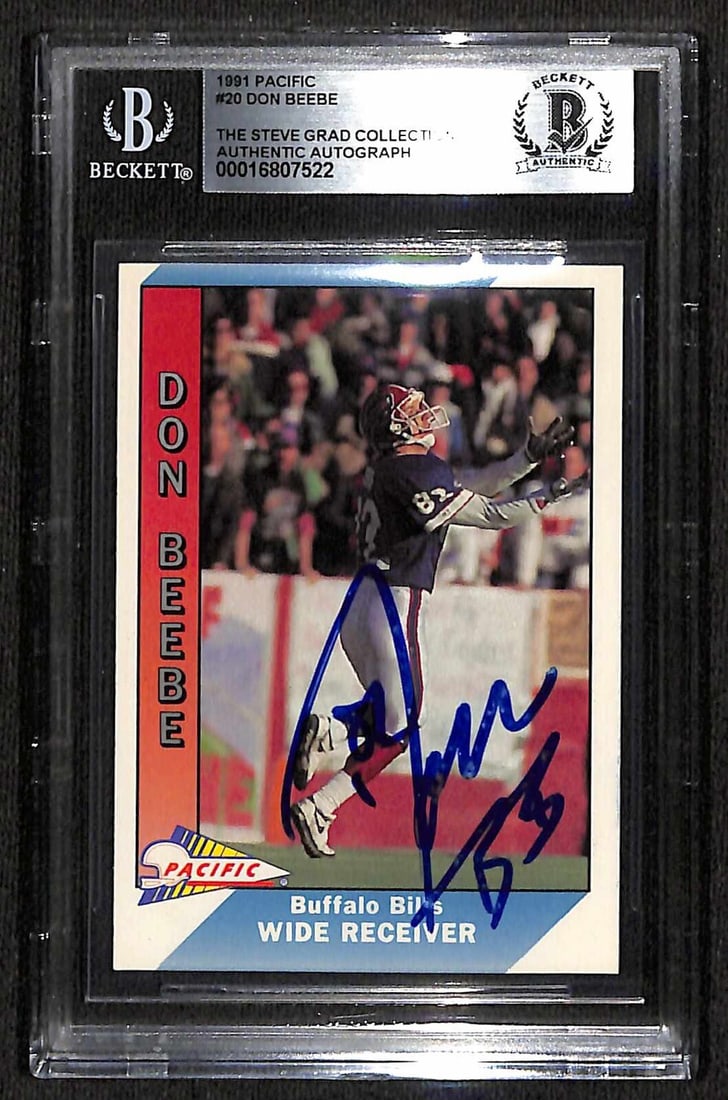 Don Beebe Autographed 1991 Pacific #20 Football Card Beckett Authenticated: Don Beebe Autographed 1991 Pacific #20 Football Card Beckett Authenticated This is an original signed 1991 Pacific #20 football trading card featuring Don Beebe, renowned Buffalo Bills wide receiver.