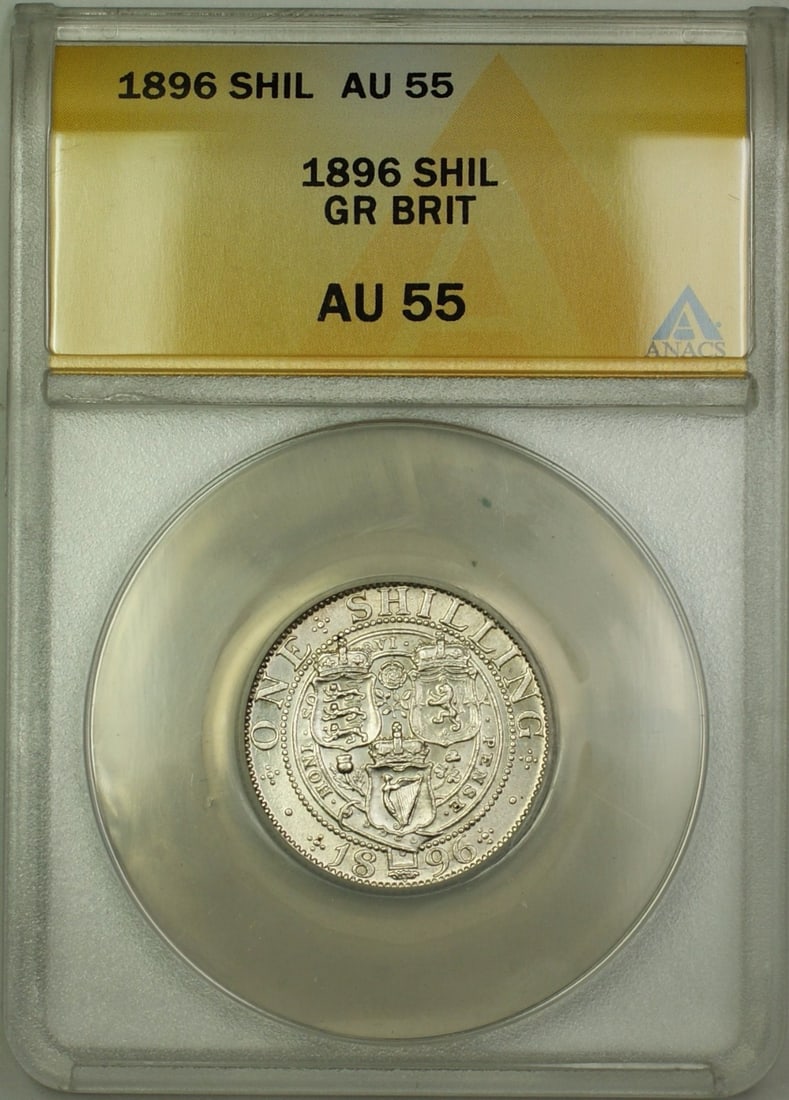 ANACS AU-55 1896 United Kingdom Silver One Shilling Coin: ANACS AU-55 1896 United Kingdom Silver One Shilling Coin This 1896 Great Britain 1 Shilling coin is composed of silver and was issued by the United Kingdom. The coin has been graded AU-55 by ANACS, in
