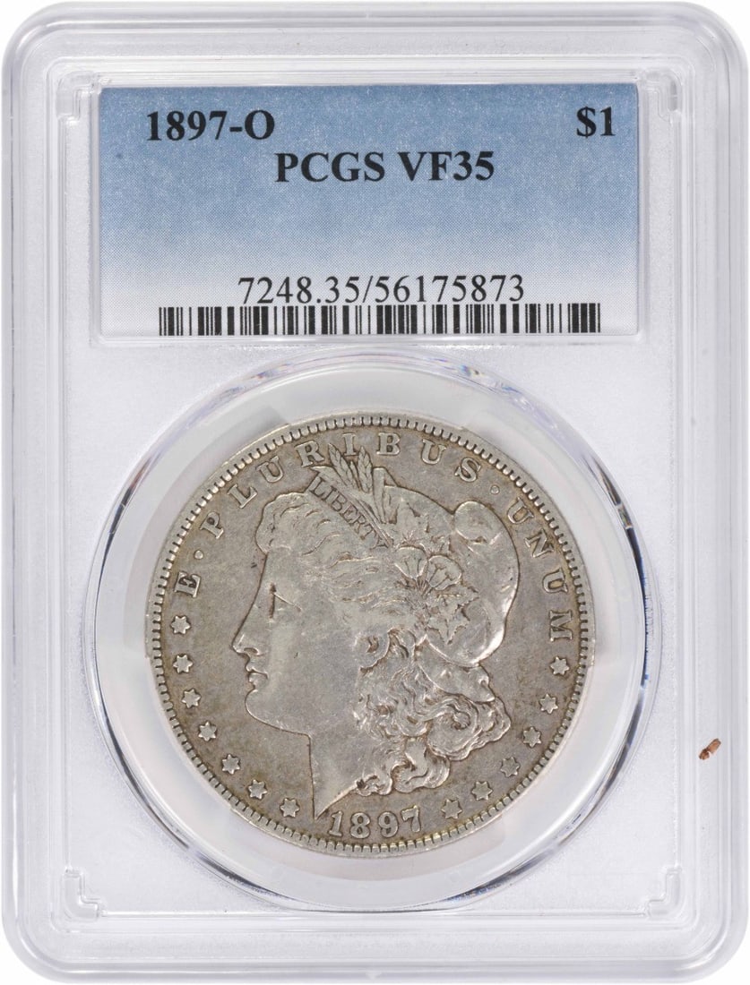 PCGS VF35 1897-O Morgan Dollar 90 Percent Silver New Orleans Mint: PCGS VF35 1897-O Morgan Dollar 90 Percent Silver New Orleans Mint This 1897-O Morgan Silver Dollar has been graded VF35 by PCGS. Struck at the New Orleans Mint, it features a composition of 90% silver