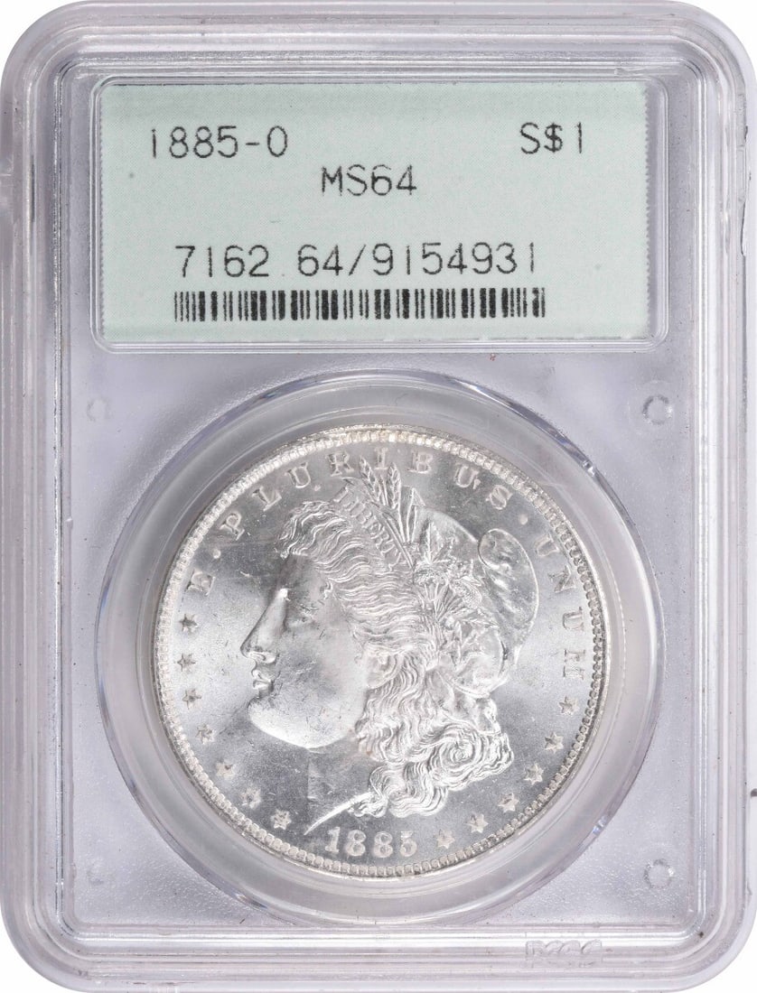 1885-O Morgan Silver Dollar MS64 PCGS Uncirculated Coin: 1885-O Morgan Silver Dollar MS64 PCGS Uncirculated Coin This stunning 1885-O Morgan Silver Dollar is a true collector's gem, graded MS64 by PCGS. With a composition of 90% silver and 10% copper, this