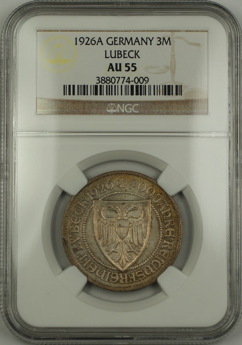 1926 Germany Lubeck 700th Anniversary 3 Mark Silver Coin NGC AU-55: 1926 Germany Lubeck 700th Anniversary 3 Mark Silver Coin NGC AU-55 This 1926-A Germany 3 Mark silver coin commemorates the 700th anniversary of Lubeck. Certified by NGC with a grade of AU-55, this cir