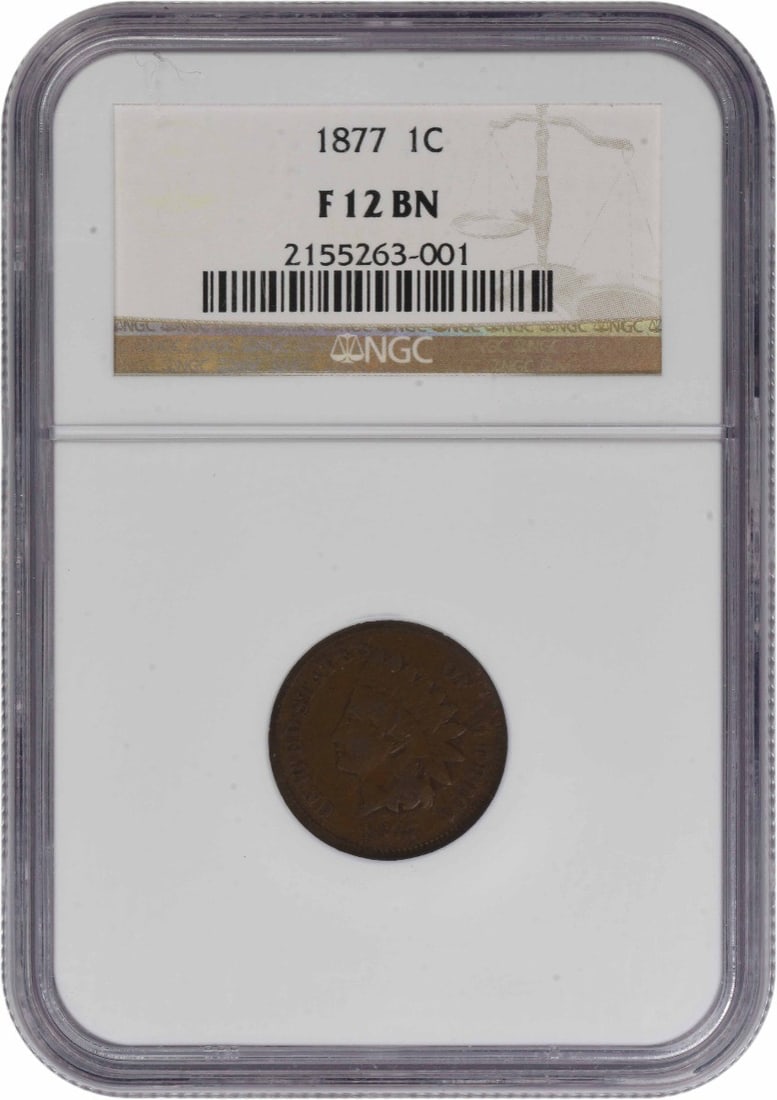 NGC Certified 1877 Indian Head Small Cent Fine 12 Brown: NGC Certified 1877 Indian Head Small Cent Fine 12 Brown This 1877 Indian Head Cent is graded F12BN by NGC and was minted in Philadelphia. It features a composition of 95% copper and 5% tin and zinc, w
