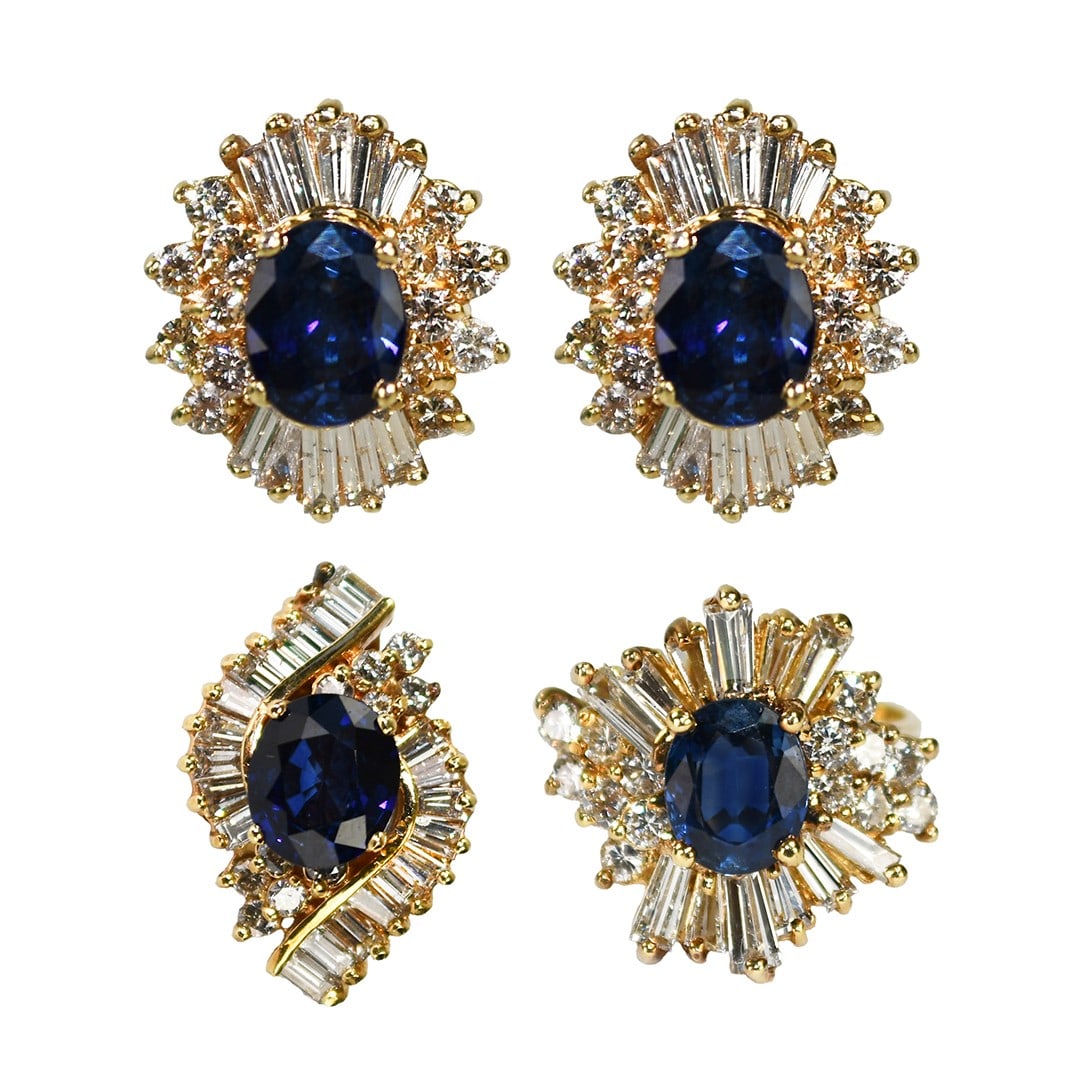 Three Piece 14k Yellow Gold Set With Sapphires and Diamonds: Three Piece 14k Yellow Gold Set With Sapphires and Diamonds This jewelry set features a ring, earrings, and pendant crafted in 14k yellow gold, set with natural medium blue sapphires and diamonds. The