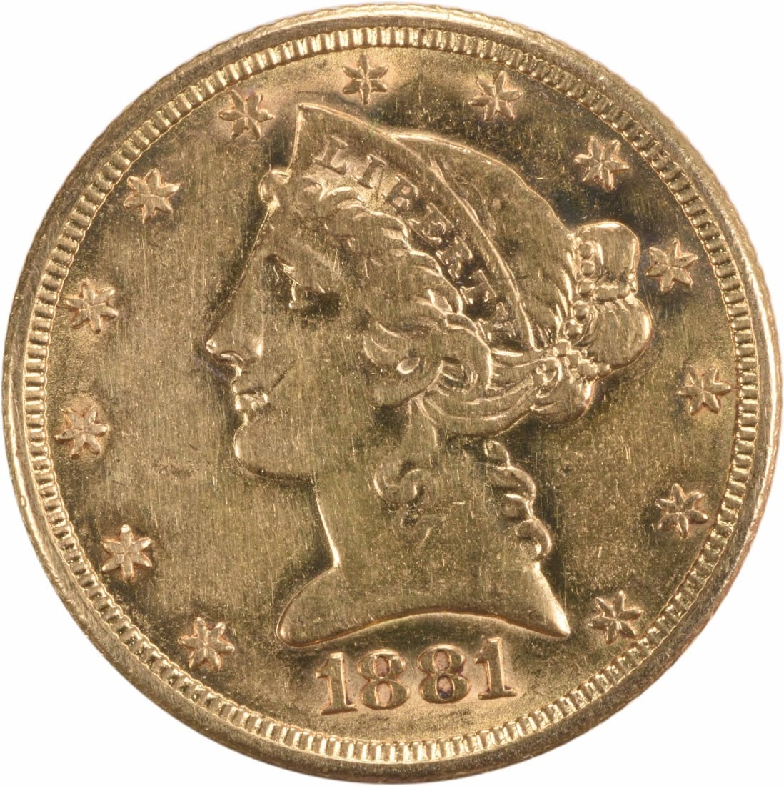1881 $5 Gold Liberty Head Coin AU Christian Gobrecht Design: 1881 $5 Gold Liberty Head Coin AU Christian Gobrecht Design This 1881 $5 Gold Liberty Head coin showcases a classic design by Christian Gobrecht, embodying both historical significance and intrinsic v