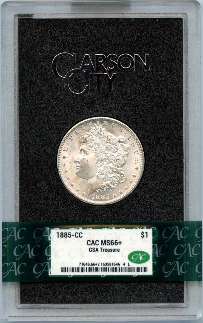 GSA Carson City 1885 Morgan Silver Dollar CACG MS66 Plus CAC Certified: GSA Carson City 1885 Morgan Silver Dollar CACG MS66 Plus CAC Certified This is an 1885-CC Morgan Silver Dollar from the GSA Hoard, certified by CACG with a grade of MS66+ and a CAC sticker. The coin o