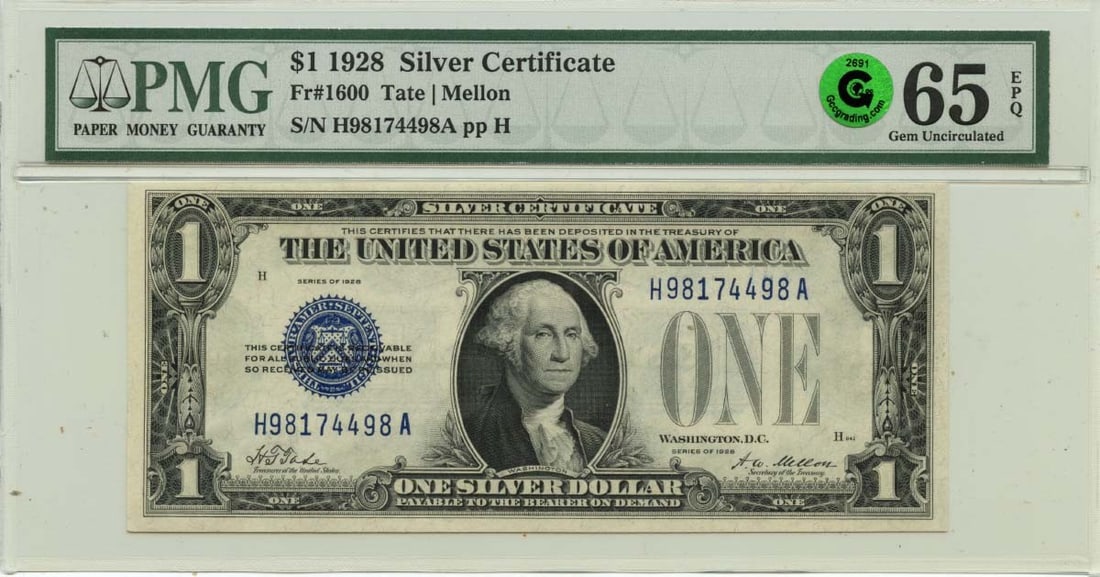 PMG GEM 65 EPQ 1928 One Dollar Silver Certificate FR1600: PMG GEM 65 EPQ 1928 One Dollar Silver Certificate FR1600 This 1928 $1 Silver Certificate features the FR#1600 design and has been certified by PMG with a GEM 65 EPQ grade. The note is uncirculated and