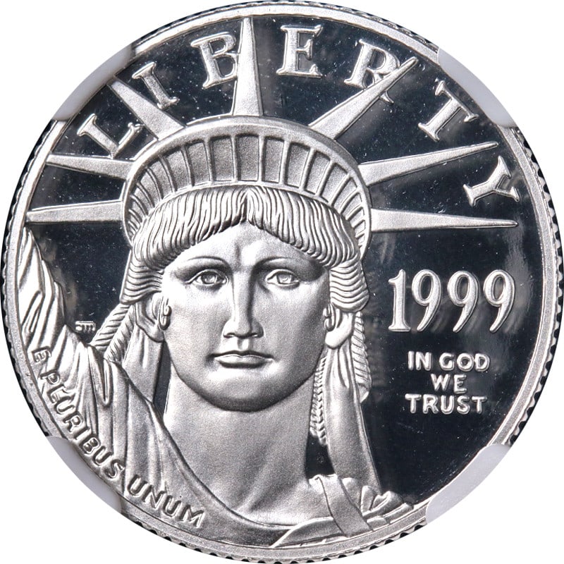 1999-W $25 Platinum Eagle Quarter Ounce NGC PF70 Ultra Cameo Brown Label: 1999-W $25 Platinum Eagle Quarter Ounce NGC PF70 Ultra Cameo Brown Label This is a 1999-W Platinum American Eagle $25 coin, certified by NGC with a PF70 Ultra Cameo grade and a Brown Label. The coin i