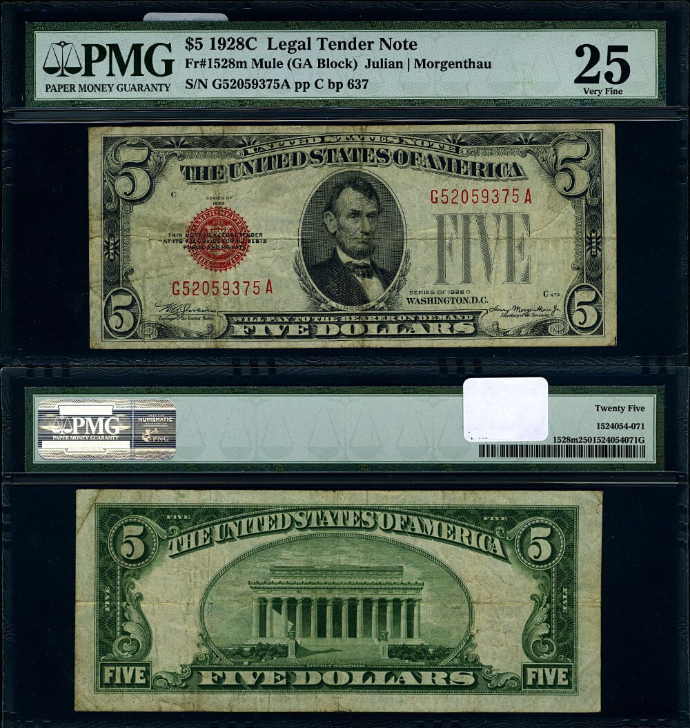 1928-C $5 Legal Tender Mule G-A Block PMG VF25 Rare Note: 1928-C $5 Legal Tender Mule G-A Block PMG VF25 Rare Note This 1928-C $5 Legal Tender Mule note, cataloged as FR. 1528 M, is graded VF25 by PMG, indicating its solid condition for the grade. The note s