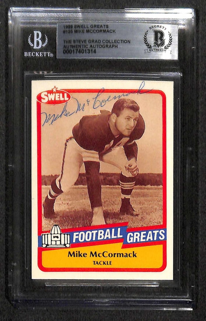 Mike McCormack Signed 1989 Swell Greats Football Card Beckett Authenticated: Mike McCormack Signed 1989 Swell Greats Football Card Beckett Authenticated This is an autographed 1989 Swell Greats #126 sports trading card featuring Mike McCormack, former tackle for the Cleveland