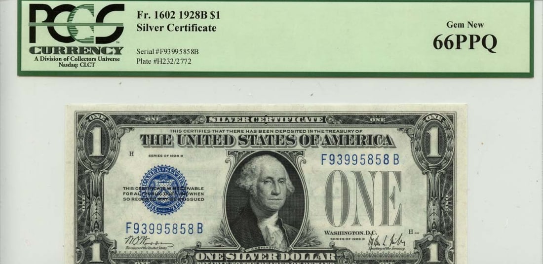 PCGS Gem 66 PPQ 1928B $1 Silver Certificate Blue Seal FR 1602 Note: PCGS Gem 66 PPQ 1928B $1 Silver Certificate Blue Seal FR 1602 Note This 1928B $1 Silver Certificate features a blue seal and is designated as FR#1602. Graded MS66 Gem Uncirculated by PCGS Currency, th