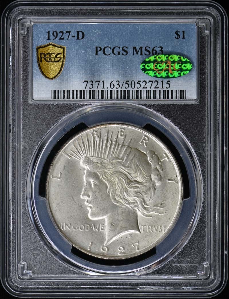 PCGS MS63 CAC 1927 Denver Peace Silver Dollar Coin: PCGS MS63 CAC 1927 Denver Peace Silver Dollar Coin 1927-D Peace Dollar graded MS63 by PCGS with CAC approval. This uncirculated silver dollar was minted in Denver and is a pre-owned collectible coin f