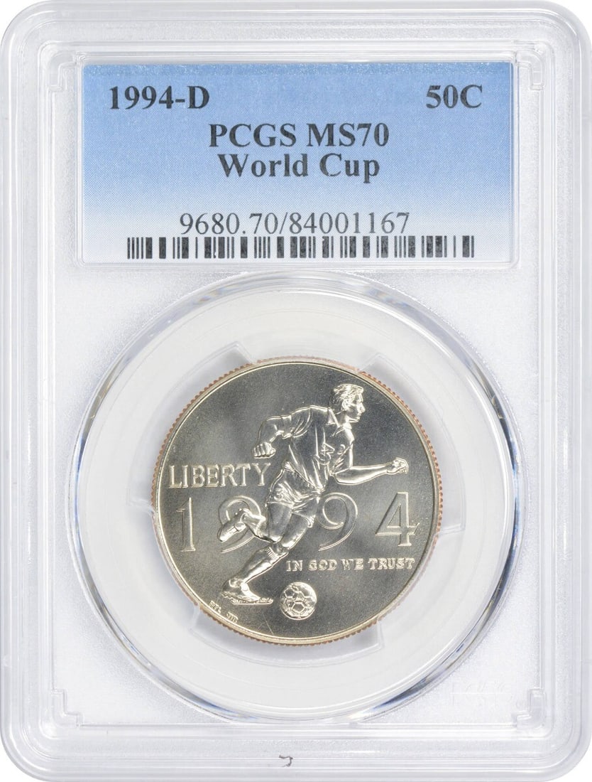 MS70 PCGS 1994-D Commemorative Half Dollar Coin United States: MS70 PCGS 1994-D Commemorative Half Dollar Coin United States This 1994-D World Cup Commemorative Half Dollar is an un-used coin graded MS70 by PCGS. Issued by the United States Mint, this half dollar