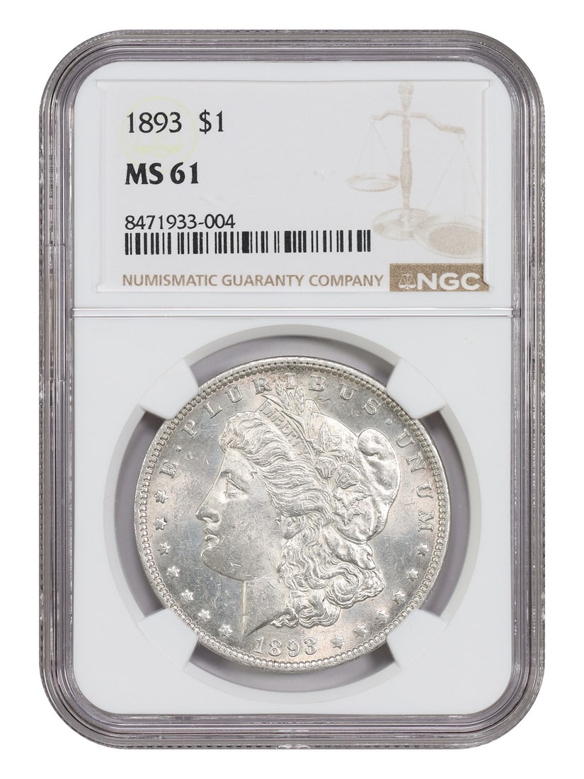 1893 Philadelphia Morgan Silver Dollar NGC MS61 Certified: 1893 Philadelphia Morgan Silver Dollar NGC MS61 Certified This 1893 Morgan Dollar is graded MS61 by NGC and was minted in Philadelphia. Recognized as a better date within the Morgan Dollar series, it