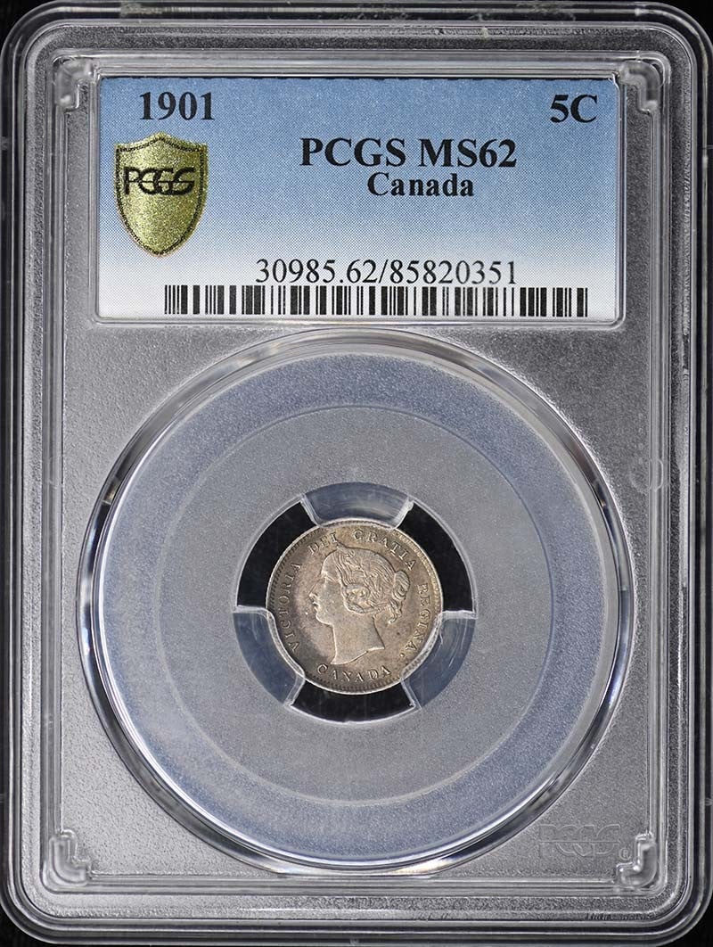 Canada 1901 Five Cent Victoria PCGS MS62 Uncirculated Coin: Canada 1901 Five Cent Victoria PCGS MS62 Uncirculated Coin This is a 1901 Canadian 5 cent coin featuring Queen Victoria, graded MS62 by PCGS. It is an uncirculated coin, certified and encapsulated by