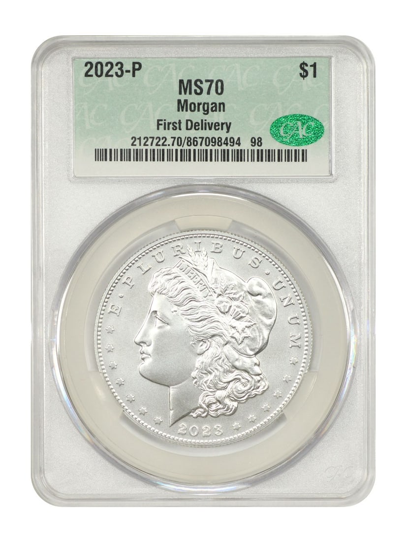 Morgan Silver Dollar 2023 Philadelphia CACG MS70 First Delivery: Morgan Silver Dollar 2023 Philadelphia CACG MS70 First Delivery This 2023-P Morgan Dollar is a modern silver commemorative coin graded MS70 by CACG, indicating a flawless uncirculated condition. It wa