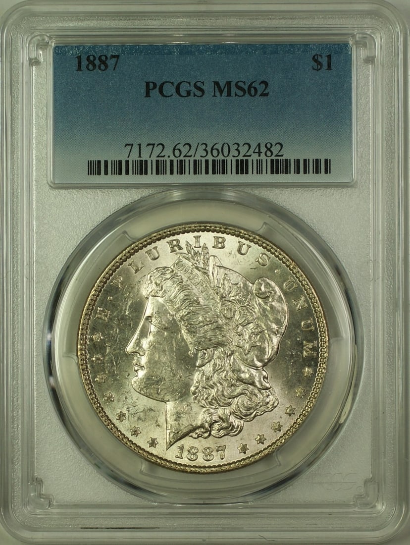 1887 Morgan Dollar Silver Coin PCGS MS-62 Philadelphia Mint: 1887 Morgan Dollar Silver Coin PCGS MS-62 Philadelphia Mint This is an 1887 Morgan Silver Dollar $1 coin from the United States, minted in Philadelphia. The coin is certified by PCGS and graded MS-62,