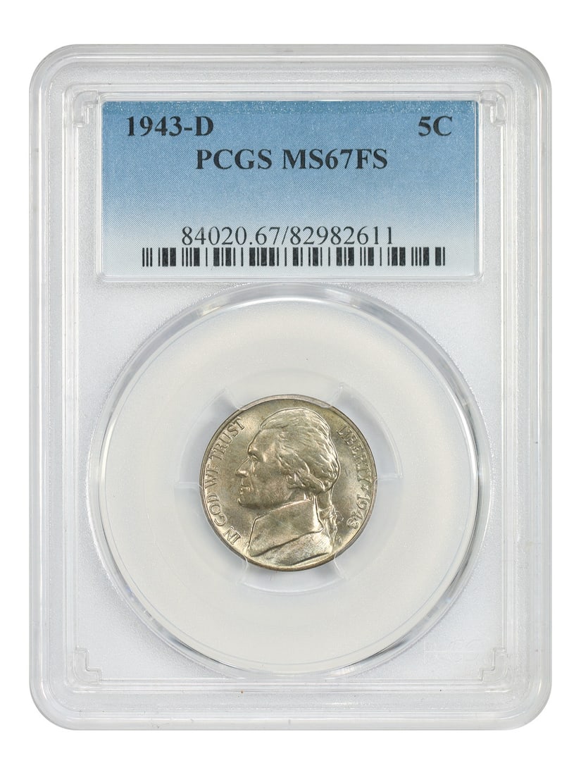PCGS MS67FS 1943-D Jefferson Nickel Five Cent Uncirculated: PCGS MS67FS 1943-D Jefferson Nickel Five Cent Uncirculated This 1943-D Jefferson Nickel is certified by PCGS with a grade of MS67FS, indicating a high-quality, uncirculated coin with full steps detail