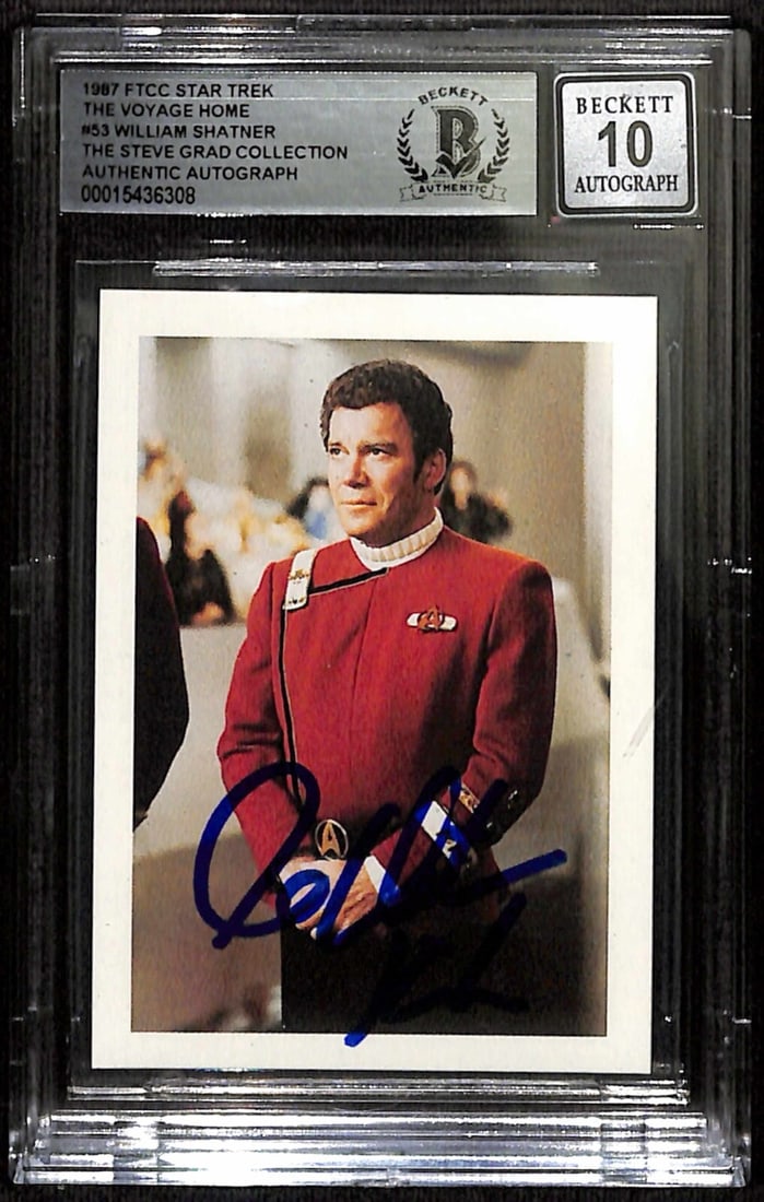 William Shatner Signed 1984 FTCC Star Trek III Card Auto 10 Beckett: William Shatner Signed 1984 FTCC Star Trek III Card Auto 10 Beckett This is an original 1984 FTCC Star Trek III non-sport trading card featuring Captain Kirk, signed in blue permanent marker by Willia