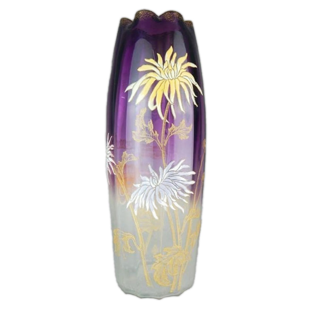 Mt. Joy Art Nouveau Amberina Glass Vase with Hand-Painted Blossoms: Mt. Joy Art Nouveau Amberina Glass Vase with Hand-Painted Blossoms This stunning Mt. Joy vase features a captivating Art Nouveau design with hand-painted and enameled blossoms in yellow and white agai
