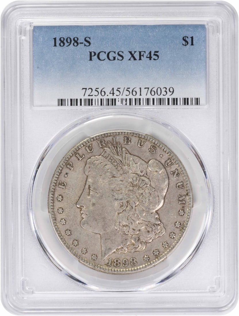 PCGS EF45 1898 San Francisco Morgan Silver Dollar: PCGS EF45 1898 San Francisco Morgan Silver Dollar This 1898-S Morgan Silver Dollar is graded EF45 by PCGS. Struck at the San Francisco Mint, it features a composition of 90% silver and 10% copper. Des