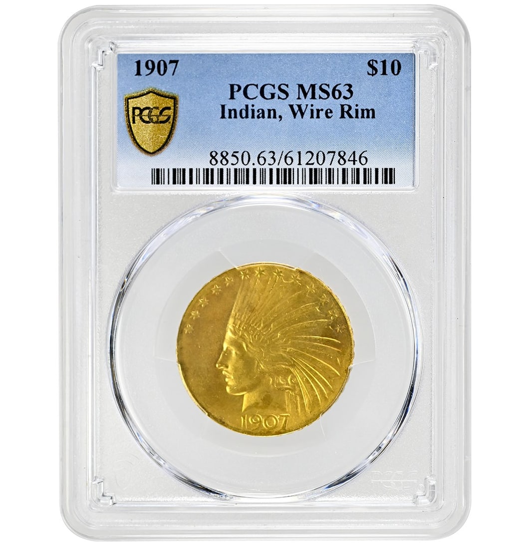 1907 $10 Wire Edge Indian Coin PCGS MS63 Rare Gold: 1907 $10 Wire Edge Indian Coin PCGS MS63 Rare Gold Introducing a stunning 1907 $10 Wire Edge Indian coin, graded MS63 by PCGS. This uncirculated coin hails from the Philadelphia Mint and features a co