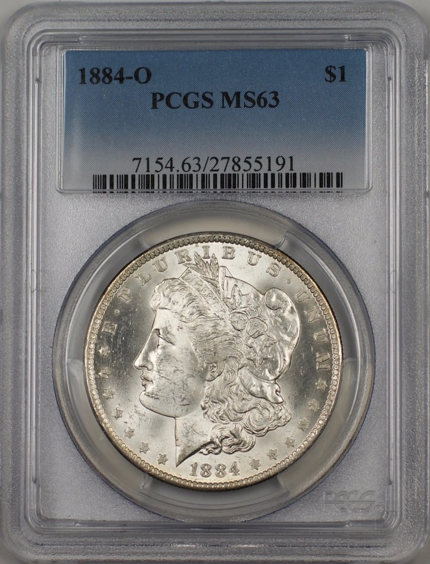 PCGS MS63 1884-O Morgan Dollar Uncirculated New Orleans Mint Silver Coin: PCGS MS63 1884-O Morgan Dollar Uncirculated New Orleans Mint Silver Coin This is an 1884-O Morgan Silver Dollar coin, certified by PCGS with a grade of MS-63. Minted in New Orleans, it features a deno