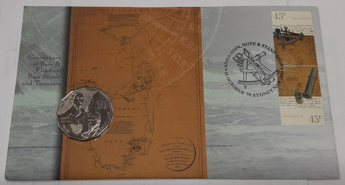 Uncirculated 1998 Australia 50 Cent Coin and Stamps ANDA Show Card: Uncirculated 1998 Australia 50 Cent Coin and Stamps ANDA Show Card This is a 1998 Australia commemorative 50 cent coin issued to mark the Bicentennial of the Discovery of Bass Strait. The coin is unci
