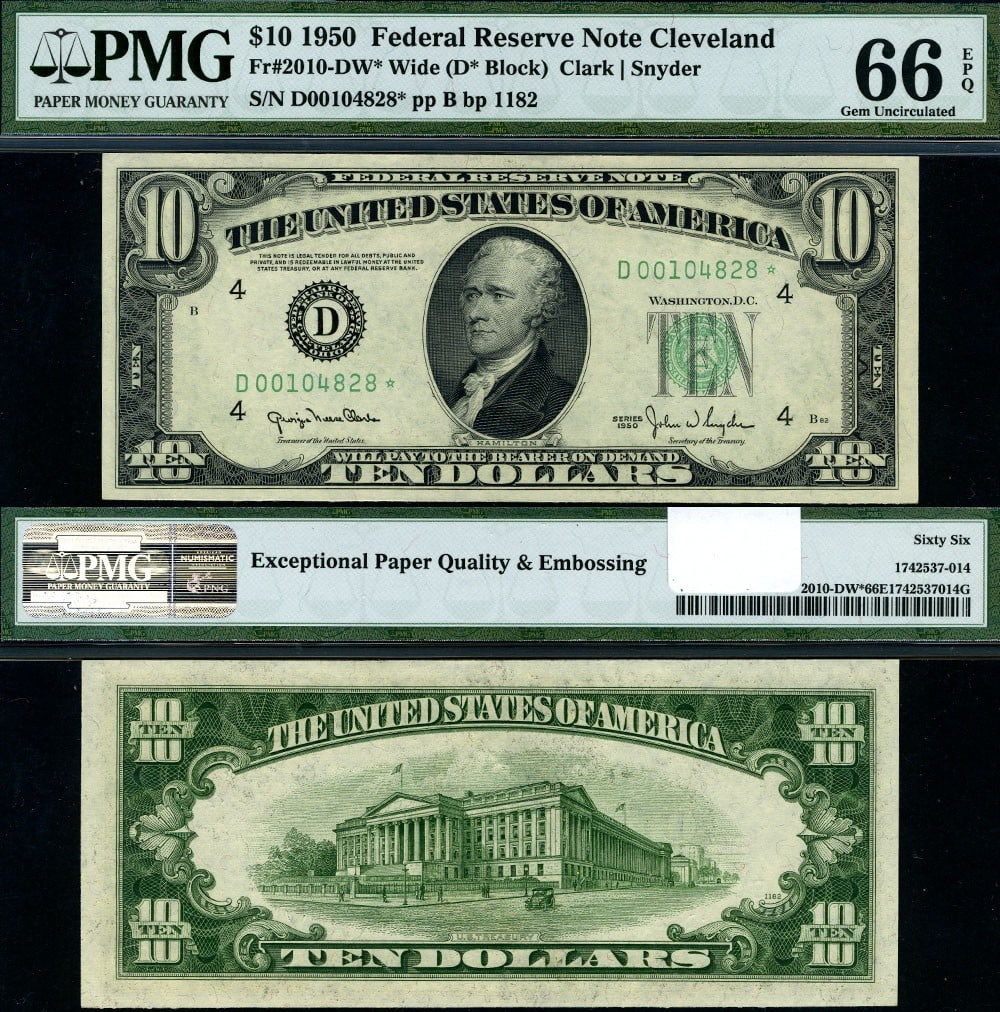 1950 $10 Federal Reserve Note Cleveland D-* Block PMG CU66 Gem: 1950 $10 Federal Reserve Note Cleveland D-* Block PMG CU66 Gem This 1950 Federal Reserve Note, denomination $10, is a Cleveland D-* Block Wide example that has achieved a PMG certification grade of Ge